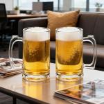 Komost 13oz Reusable Plastic Beer Mugs with Handle Set of 2, Clear Beer Stein Drinking Glasses Cups for Party Bar Home Hotel, Perfect for Whiskey Juice Cocktail Beverages