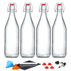4 Pack [1 Liter / 33 fl. oz.] Swing Top Glass Bottles w/Airtight Stopper Lids – Flip Top Brewing Bottle for Fermentation, Kombucha, Mead, Vinegar, Beer, Kefir, Wine – With 4 Extra Seals & 2 Pourers