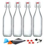 4 Pack [1 Liter / 33 fl. oz.] Swing Top Glass Bottles w/Airtight Stopper Lids – Flip Top Brewing Bottle for Fermentation, Kombucha, Mead, Vinegar, Beer, Kefir, Wine – With 4 Extra Seals & 2 Pourers