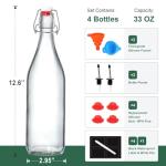4 Pack [1 Liter / 33 fl. oz.] Swing Top Glass Bottles w/Airtight Stopper Lids – Flip Top Brewing Bottle for Fermentation, Kombucha, Mead, Vinegar, Beer, Kefir, Wine – With 4 Extra Seals & 2 Pourers