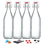4 Pack [1 Liter / 33 fl. oz.] Swing Top Glass Bottles w/Airtight Stopper Lids – Flip Top Brewing Bottle for Fermentation, Kombucha, Mead, Vinegar, Beer, Kefir, Wine – With 4 Extra Seals & 2 Pourers