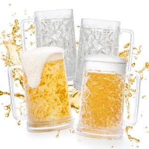 Fasmov Freezer Beer Mugs, 4 Pack Clear Double Wall Gel Frosty Ice Mugs with Gel, Plastic Beer Mugs with Handles for Freezer, Parties and Gifts, 16oz