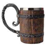 YOUOIVIA Wooden Barrel Beer Mug, Wood Bucket Style Beer Stein with Handle, Stainless Steel Double Wall Tankard Cocktail Mug for Bar Restaurant, Vintage Restaurant Renaissance Accessories (18 oz)