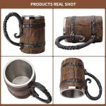 YOUOIVIA Wooden Barrel Beer Mug, Wood Bucket Style Beer Stein with Handle, Stainless Steel Double Wall Tankard Cocktail Mug for Bar Restaurant, Vintage Restaurant Renaissance Accessories (18 oz)