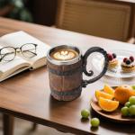 YOUOIVIA Wooden Barrel Beer Mug, Wood Bucket Style Beer Stein with Handle, Stainless Steel Double Wall Tankard Cocktail Mug for Bar Restaurant, Vintage Restaurant Renaissance Accessories (18 oz)