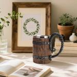 YOUOIVIA Wooden Barrel Beer Mug, Wood Bucket Style Beer Stein with Handle, Stainless Steel Double Wall Tankard Cocktail Mug for Bar Restaurant, Vintage Restaurant Renaissance Accessories (18 oz)