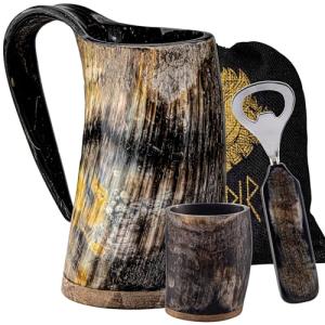 FENRIR Viking Drinking Horn Mug Set 16 oz – Gifts for Men, Dad, Husband – Unique Viking Gift – Handmade Real Ox Horn Cup with Shot Glass & Opener – For Beer, Ale, Mead (Natural Finish)