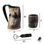 FENRIR Viking Drinking Horn Mug Set 16 oz – Gifts for Men, Dad, Husband – Unique Viking Gift – Handmade Real Ox Horn Cup with Shot Glass & Opener – For Beer, Ale, Mead (Natural Finish)