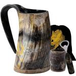 FENRIR Viking Drinking Horn Mug Set 16 oz – Gifts for Men, Dad, Husband – Unique Viking Gift – Handmade Real Ox Horn Cup with Shot Glass & Opener – For Beer, Ale, Mead (Natural Finish)