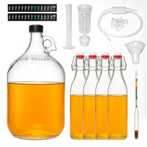 1 Gallon Mead Making Kit for Beginners, Honey Wine Brewing Kit with Glass Fermenter, Airlock System, Hydrometer, Siphon Tubing and 4×34oz Storage Bottles, Complete Home Fermentation Set