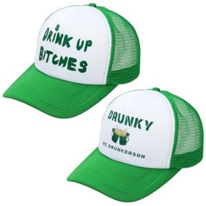 Forwe 2 Pcs St. Patrick's Day Hat Irish Green Mesh Trucker Hat for Men Women Saint Patrick's Day Accessories (US, Alpha, One Size,Drink UP+Drunky)
