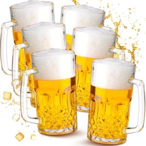 Reallnaive 6 Pack 32 oz Beer Mugs with Handle Large Heavy Glass Beer Mug for Oktoberfest Freezer Glass Steins German Cups Gift for Men Father Boyfriend Brother Dad