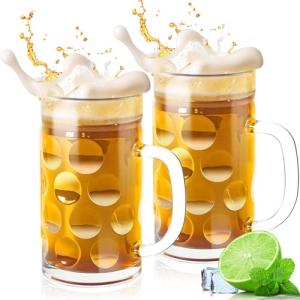 Momugs 20 OZ Beer Stein Mugs, German Clear Large Tall Beer Glasses With Handle for Men, Wave Point glass Mug Set of 2