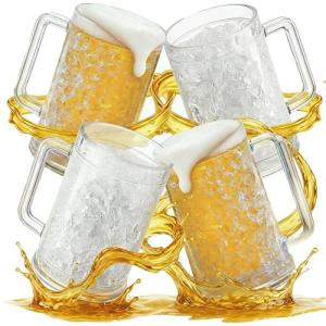 Granatan Beer Mugs with Gel Freezer 16 oz, Clear Double Walled Beer Mugs with Handles Set Of 4
