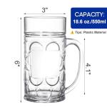 Mezchi 6 Pack Plastic Beer Mugs, 20 oz./600ml Beer Steins with Handles, Resuable Beer Drinking Cups, Clear Large Beer Mugs for Bar, Beverages, Alcohol, Freezable, BPA Free