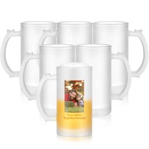 Mifoci 6 Pcs Sublimation Blank Glass Mugs 16 oz Frosted Beer Cups Can Add Photo Text or Images on Personalized Beer Glass for Husband Dad Men Father's Day Oktoberfest Funny Gift