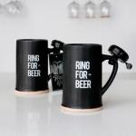 bespritGIFT 22oz Ceramic Beer Mug with Bell Beer Sein Set with Bell Mugs with Handles for Men Father's Gift Set for Dad & Boyfriend Ring for Beer Novelty Mugs