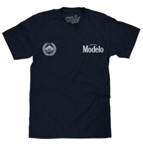 Tee Luv Men's Cerveza Modelo The Fighting Spirit Double Sided Beer Logo T-Shirt, Navy Blue, XL