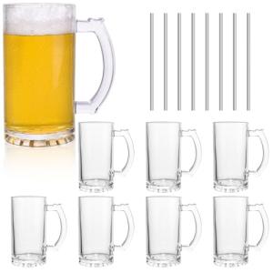 PYVYLO Glass Beer Mugs Set of 8,16oz Heavy Beer Mug With Handles and Straws for Tea,Coffee Thick Drinking Glasses for Freezer