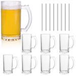 PYVYLO Glass Beer Mugs Set of 8,16oz Heavy Beer Mug With Handles and Straws for Tea,Coffee Thick Drinking Glasses for Freezer