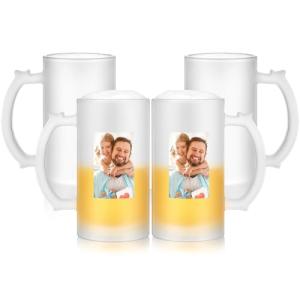 Mifoci 4 Pcs Sublimation Blank Beer Mugs Personalized Tazas Para Present 16 oz Frosted Beer Glass Cups Can Add Photo Text or Images on Gift for Dad Husband Groomsmen Father's Day Wedding Oktoberfest