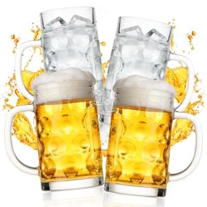 Erthskda 4 Pack Beer Mugs Set, 20 Oz Clear Freezer Beer Steins with Handles, Large Cylinder Heavy Drinking Glass Mugs for Party, Bar and Home