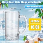 Reallnaive 10 Pcs Beer Mugs with Handles 16 Ounce Clear Glass Beer Mugs Steins German Large Heavy Cups for Tea, Coffee, Root Floats, Dishwasher and Refrigerator Safe, Durable