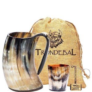 Viking Horn Cup Tankard with Stand and Sack