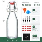 12 Pack 8.5oz Flip Top Glass Bottles, Swing Top Beer Brewing Bottle for 2nd Fermentation, Kombucha, Kefir, Vanilla Extract, Coquito, Juice, Tea - Airtight Stopper Cap Lid, Bonus 4 Bottle Pourers
