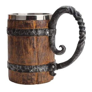 LAUGOKOBE Wooden Barrel Beer Mug, Large Viking Cup Wood Style Beer Stein with Handle, Double Wall Stainless Steel Tankard Mug, Antique gifts for Men Bar Restaurant Renaissance Accessories