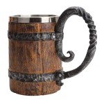 LAUGOKOBE Wooden Barrel Beer Mug, Large Viking Cup Wood Style Beer Stein with Handle, Double Wall Stainless Steel Tankard Mug, Antique gifts for Men Bar Restaurant Renaissance Accessories