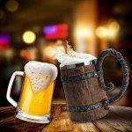 LAUGOKOBE Wooden Barrel Beer Mug, Large Viking Cup Wood Style Beer Stein with Handle, Double Wall Stainless Steel Tankard Mug, Antique gifts for Men Bar Restaurant Renaissance Accessories