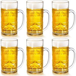 Mezchi 6 Pack Plastic Beer Mugs, 20 oz./600ml Beer Steins with Handles, Resuable Beer Drinking Cups, Clear Large Beer Mugs for Bar, Beverages, Alcohol, Freezable, BPA Free