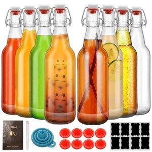 eispap Clear Beer Bottles with Flip Caps, 16oz Glass Bottle with Swinging Top for Airtight Lids, Home Brewing and Fermentation Kombucha, Vanilla Extract, Beverage, Water (Clear 8 pcs)