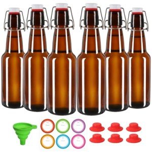 Miukada Amber Glass Beer Bottles with Airtight Lids 12oz, Swing Top Brown Glass Bottles with Stoppers 6pcs - Dark Flip Top Glass Bottles with Caps for home brewing, Beer, Wine