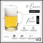 Vikko Beer Mug, Set of 6 Glass Beer Mugs, 10 Ounce, Dishwasher Safe Durable Drinking Glass for Craft Brews, Beer or Water