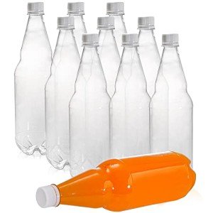 Hiceeden 10 Pcs 33 oz Plastic Soda Bottles with Caps, 1L Disposable Long Neck Wine Bottles with Lid, Reusable Empty Plastic Bottle for Beverage, Liquor, Beer, Milk, Juices, Smoothies