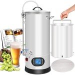 Nutrichef All In One Home Beer Brewing Mash and Boil Device with Circulation Pump 5-Piece Stainless Steel Set 9 Gallon 1600w Max w/LCD Display Programmable Multi-Step Mashing Control System