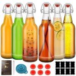 eispap 6 pcs Clear 16oz Beer Bottles with Flip Caps, Glass Bottle with Swinging Top for Airtight Lids, Home Brewing and Fermentation Kombucha, Vanilla Extract, Beverage, Water