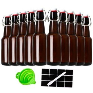TienChoo 12oz Amber Glass Beer Bottles with Flip Top Airtight Lids, 10 Pack Swinging Top Home Brewing Bottles for Kombucha, Vanilla Extract, Kefir, Juice, Wine, Fermentation