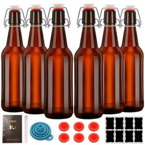 eispap 6 Pack Amber Beer Bottles with Flip Caps, 16oz Glass Bottle with Swinging Top for Airtight Lids, Home Brewing and Fermentation Kombucha, Vanilla Extract, Beverage, Water (Amber 6 pcs)