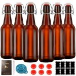 eispap 6 Pack Amber Beer Bottles with Flip Caps, 16oz Glass Bottle with Swinging Top for Airtight Lids, Home Brewing and Fermentation Kombucha, Vanilla Extract, Beverage, Water (Amber 6 pcs)