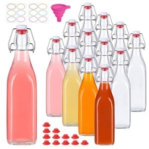 CAKKVDE 12 Pack 16oz Swing Top Glass Bottles,Flip Top Glass Bottle,Square Bottles with Airtight Stoppers for Kombucha, Kefir, Vanilla Extract, Beer