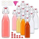 CAKKVDE 12 Pack 16oz Swing Top Glass Bottles,Flip Top Glass Bottle,Square Bottles with Airtight Stoppers for Kombucha, Kefir, Vanilla Extract, Beer