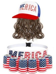 BOARDFEB 2 Pcs Fourth of July Patriotic Beverage Beer Belt Holder and USA Mullet Hat Brown Wig Costume Set Outfit Accessories Unisex Themed USA Americana Flag Merica Beer Gift