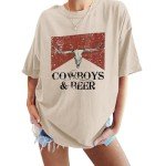 Pairxily Cowboy Beer Shirts for Women Oversized Western Rodeo Shirt Cowgirl Vintage Cow Skull Graphic Tees Country Music Tops(Apricot,M)