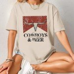 Pairxily Cowboy Beer Shirts for Women Oversized Western Rodeo Shirt Cowgirl Vintage Cow Skull Graphic Tees Country Music Tops(Apricot,M)