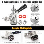 Keg Coupler for Sankey D System Beer Keg Tap Dispenser-304 Stainless Steel Probe, Beer Kegerator Tap D-Type Sankey Keg Coupler fit for I.D1/4", 3/16" Draft Beer Line & 5/16'' Gas Line with Hose Clamps