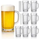 ZENFUN 8 Pack Glass Beer Mugs, 14 Oz Heavy Wine Glasses with Handle & Stainless Steel Straws, Summer Beer Glass Steins Pub Drinking Mugs for Juice, Iced Tea