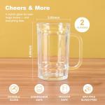 Ocean ice Beer Glasses, Set of 2 Beer Mug, Clear Beer Stein 11oz, Transparent Large Beer Mugs for Freezer, Glass Beer Mug, Glass Beer Mugs with Handles Dishwasher Safe